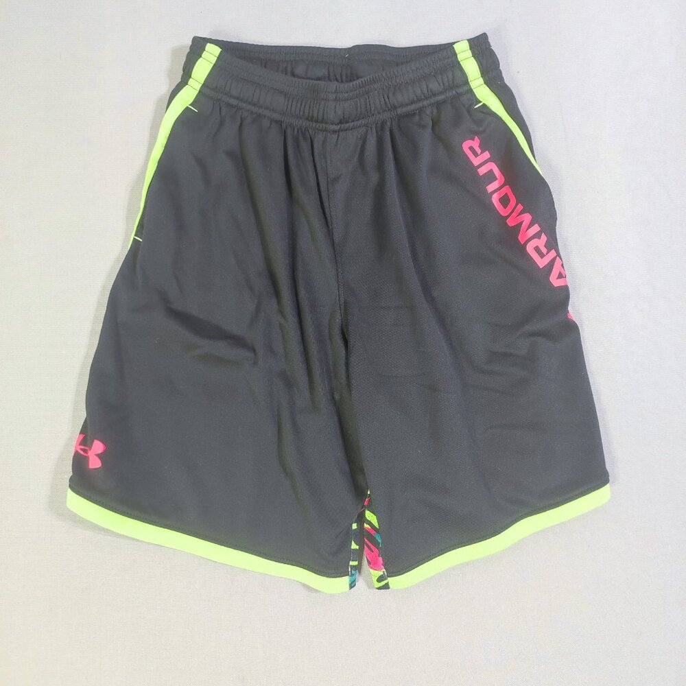 Under Armour athletic shorts youth girl size M black with neon and pink design